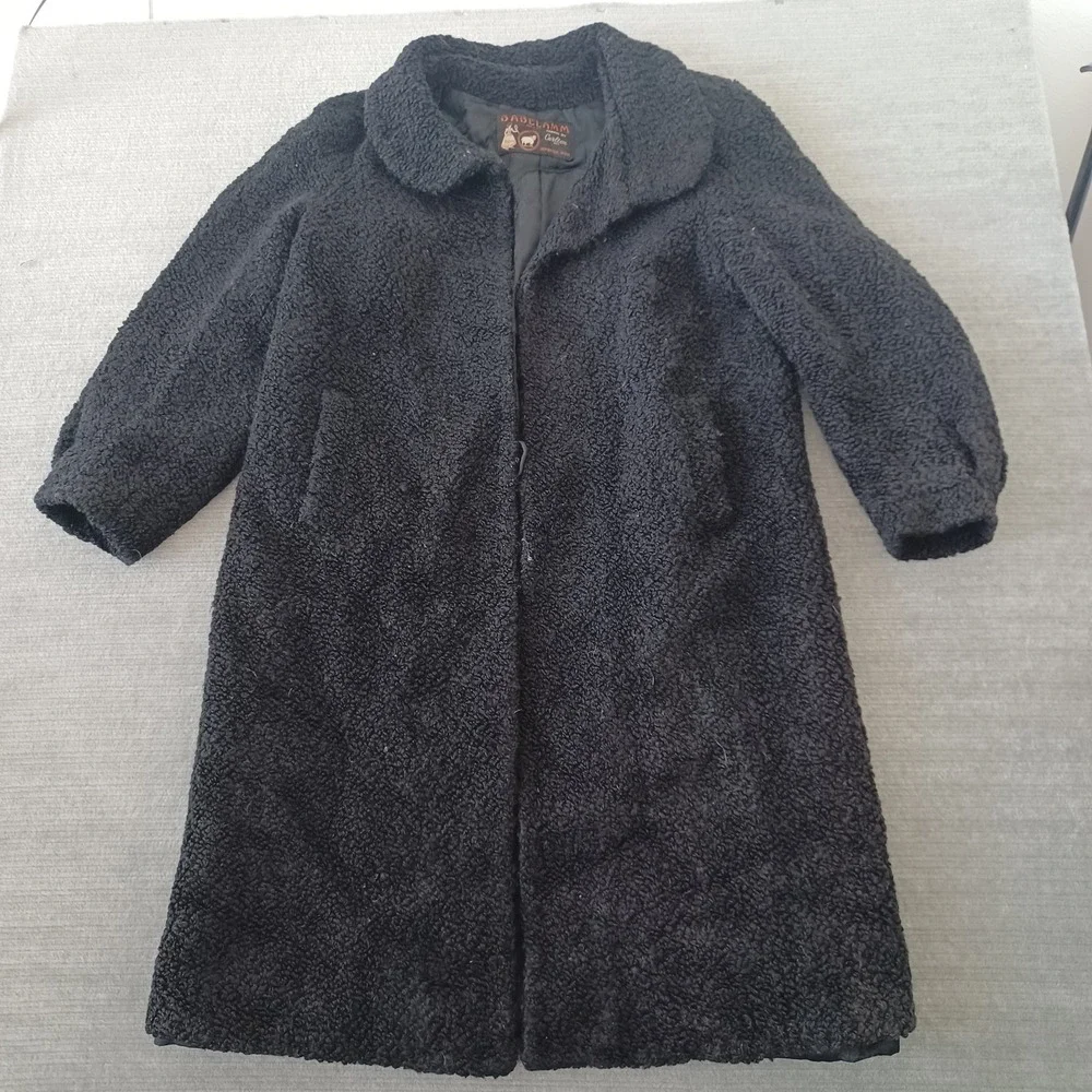 Vintage Persian Lambswool Curly Swing Coat Women M Black Babe Lamm Brocade Lined